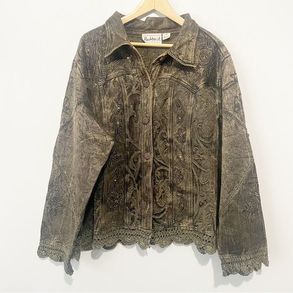 Flashback vintage brown embroidered lace sequin jacket button down size 3X - Picture 9 of 9